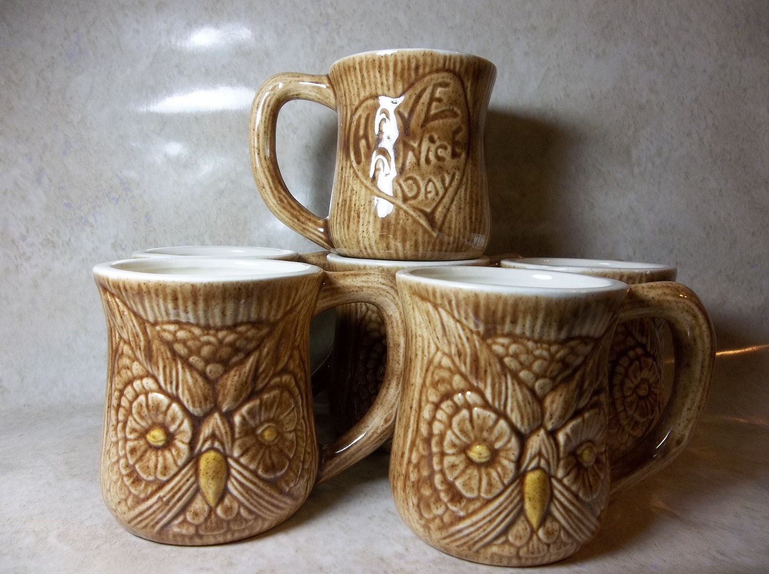 Vintage "Have A Nice Day" Owl Mugs- Set of 6