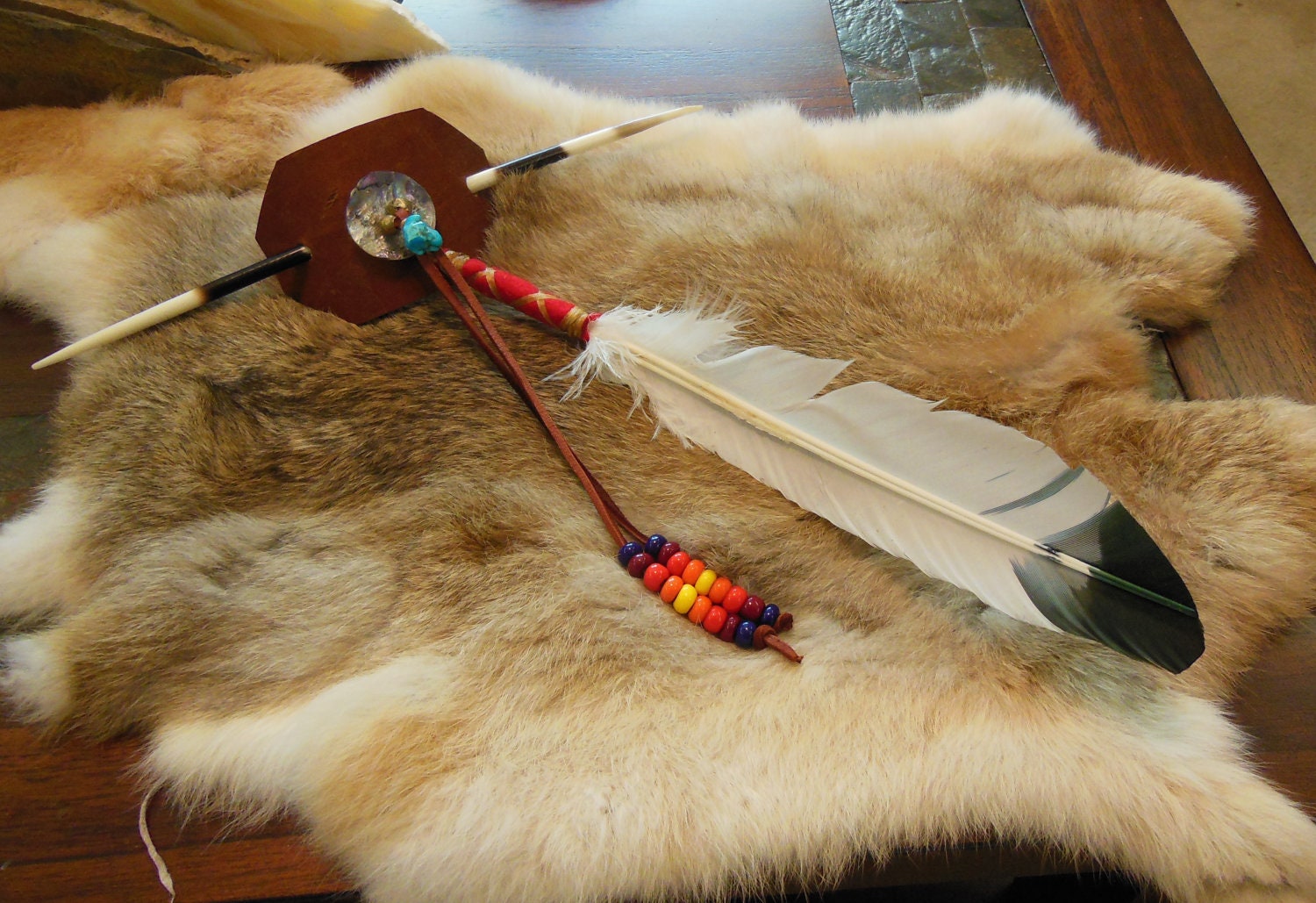 Hair Accessory - Beaded Leather Hair Barrette with Feather and Giant Porcupine Quill