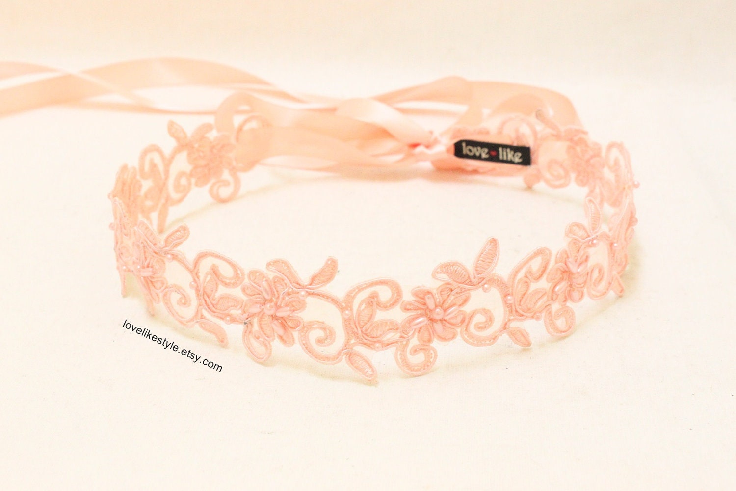 Peach Pearl Beading Flower Lace with Satin Ribbon Sash // Bridal Sash , Bridesmaid Sash, Head tie, Headband , Wedding Sash / SH-27