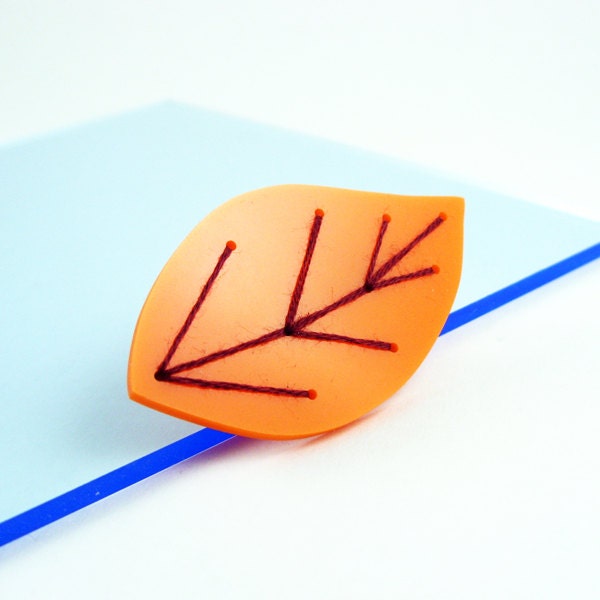 Embroidered Acrylic Leaf Brooch (Orange)