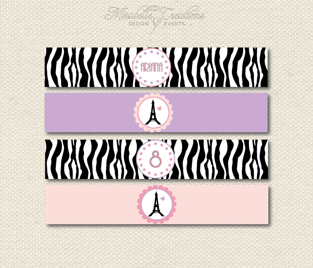 PRINTABLE Water Bottle Labels / Napkin Rings -- Fancy Nancy Inspired or Parisian Party Collection (Customizable) -- Mirabelle Creations Il_570xn