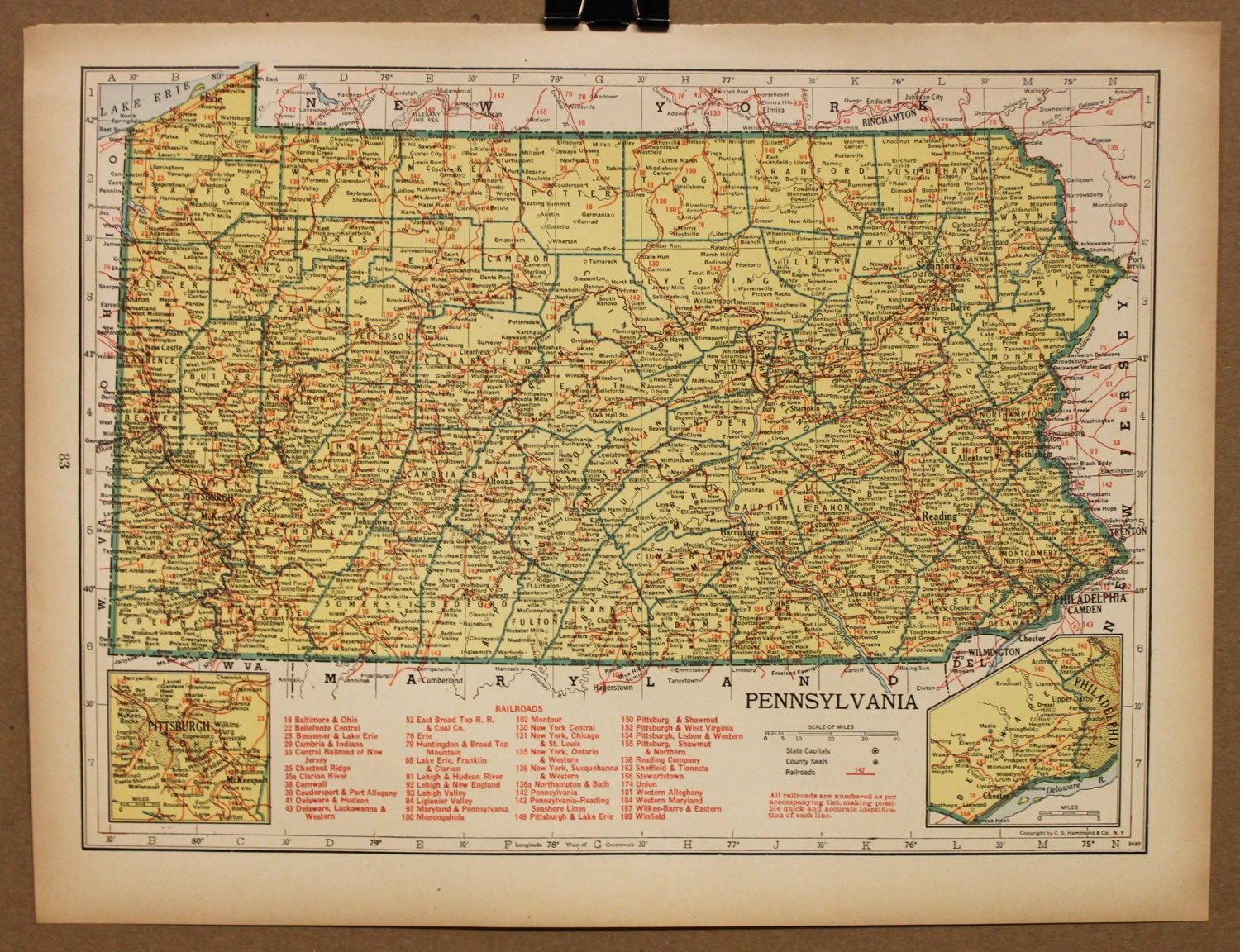 Vintage Map Pennsylvania Original 1944
