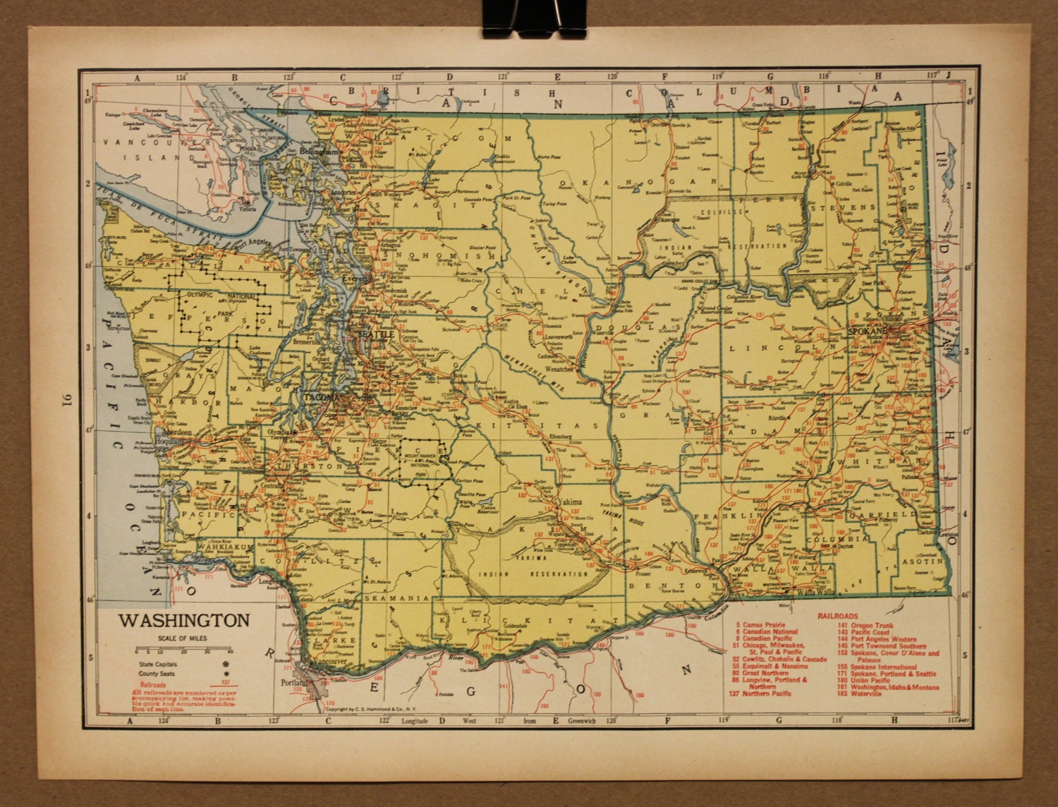 Vintage Map Washington Original 1944
