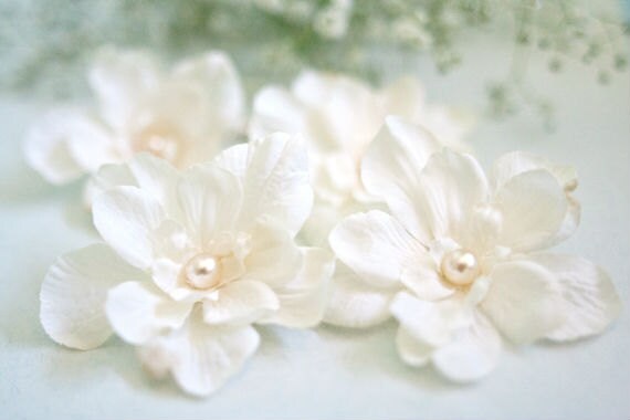 Ivory Wedding Hair Flowers with Pearls (4 pcs) Bridal Flower Hair Pins Rustic Beach Wedding Garden Wedding Hair Accessories Bridesmaid