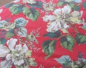SALE Vintage Pair of Barkcloth CAFE CURTAINS panels drapes raspberry floral fabric