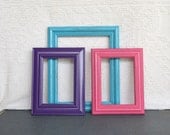 Turquoise Pink Purple Frames with GLASS Set of 3 - Upcycled Frames for Prints Modern Teenage Nursery Bedroom Decor Teen Dorm