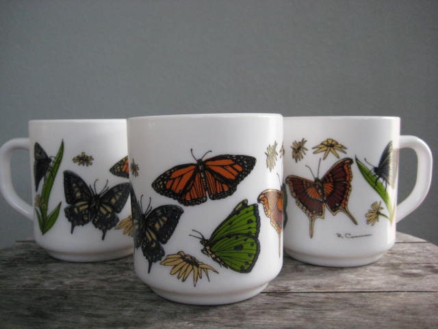 Vintage French Arcopal Set of Three Coffee Mugs  Butterflies/Moths