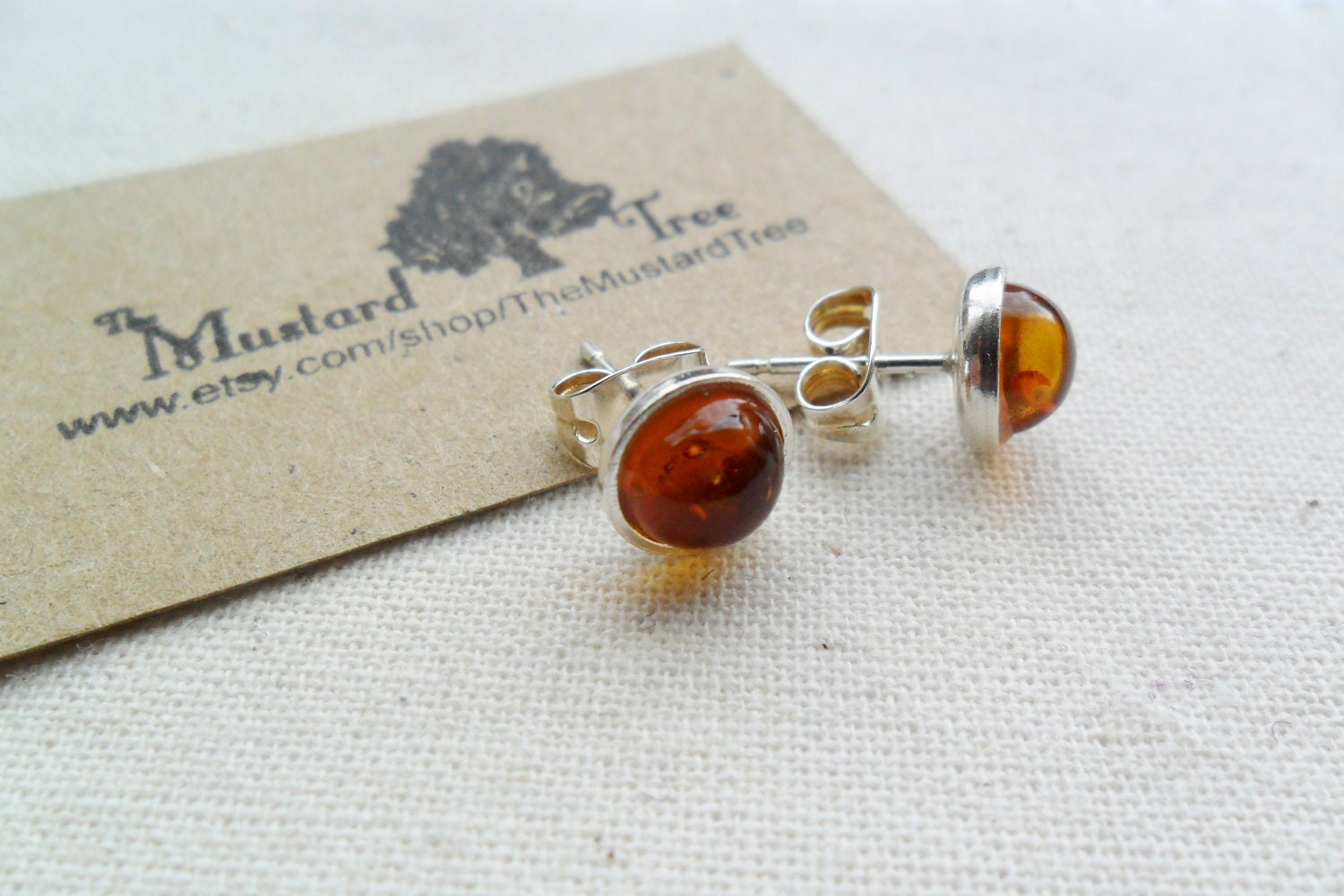 Yellow orange amber sterling silver round stud earrings
