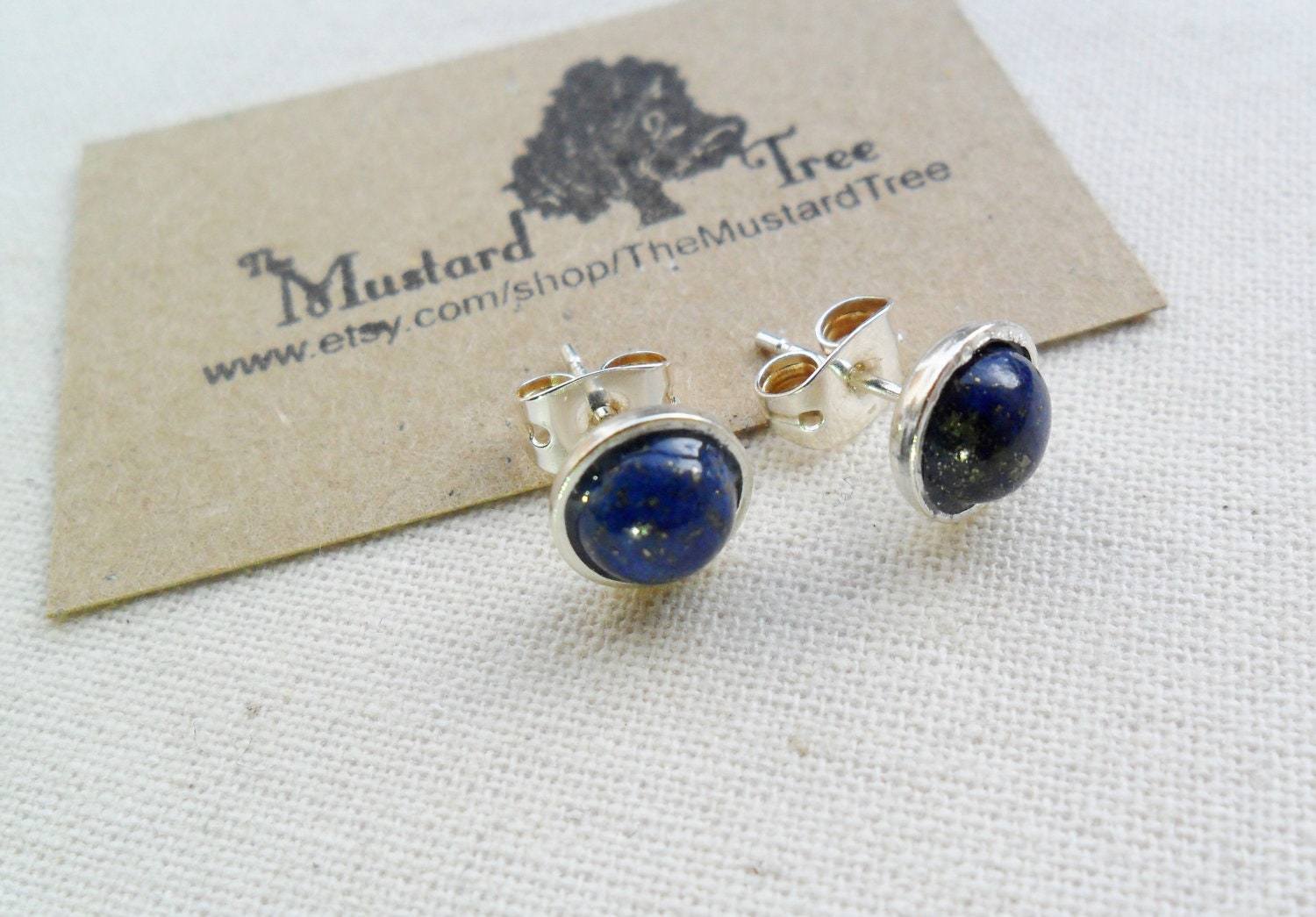 Dark blue lapis lazuli gemstone round 925 sterling silver stud earrings