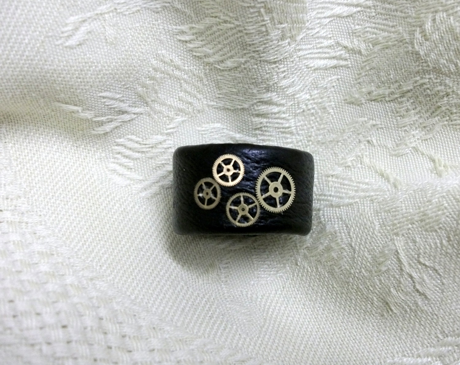 Steampunk ring with four cogs black leather and brass gear size US 8 - 9   uk R S  jewelry for him or her womens mens clothing accessories