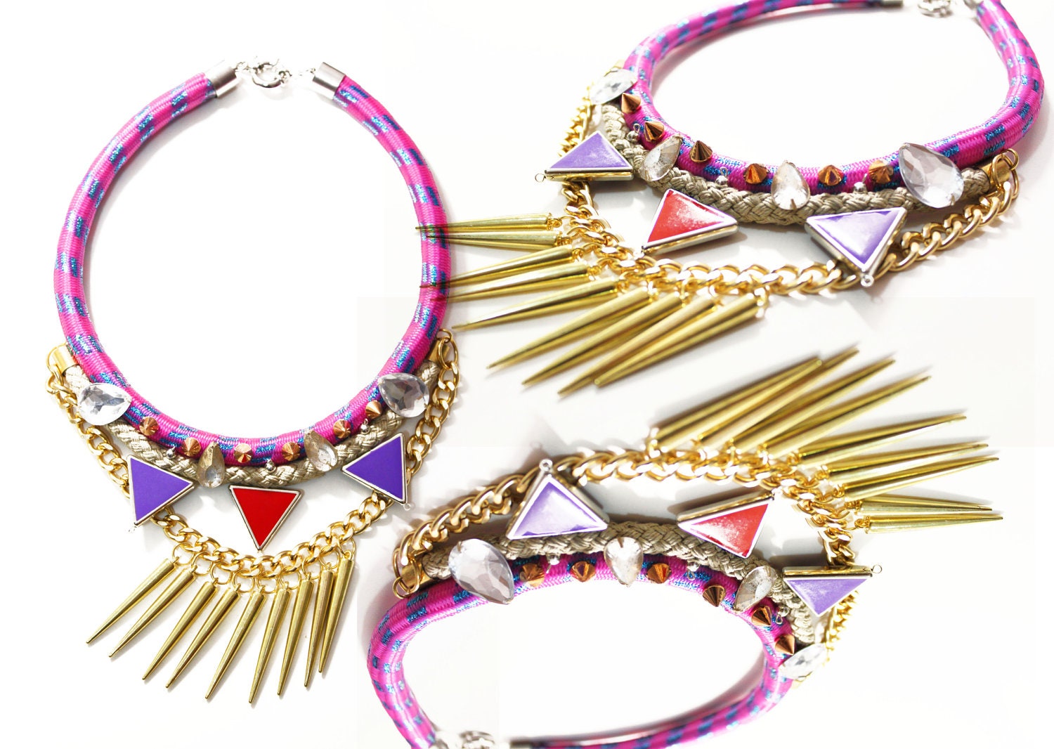 Apollo,  neon rope necklace, tribal stye, triangles and gold studs spikes, chunky statement OOAK necklace