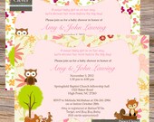 Girls Baby Shower invitation woodland animals pink floral, digital file, printable