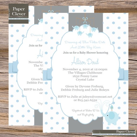 Boys baby shower invitation elephant Blue and Grey - digital file, printable Il_570xn