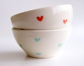 Ceramic Nesting Bowls in Mint and Coral Hearts- Set of 2- Ceramics by RossLab (made to order)