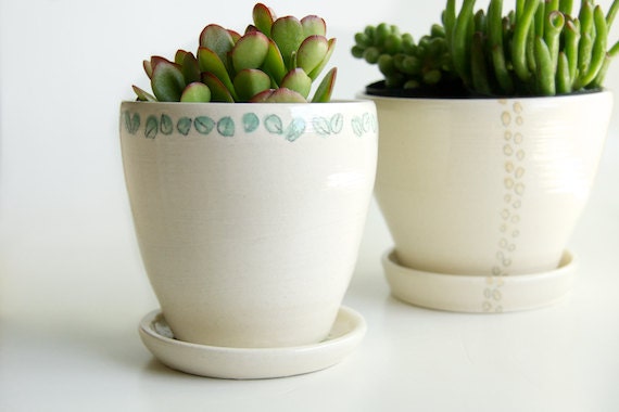 White Ceramic Planter and Saucer- Green Leaves Accent