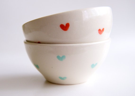 Ceramic Nesting Bowls in Teal and Coral Hearts- Set of 2- Ceramics by RossLab (made to order)