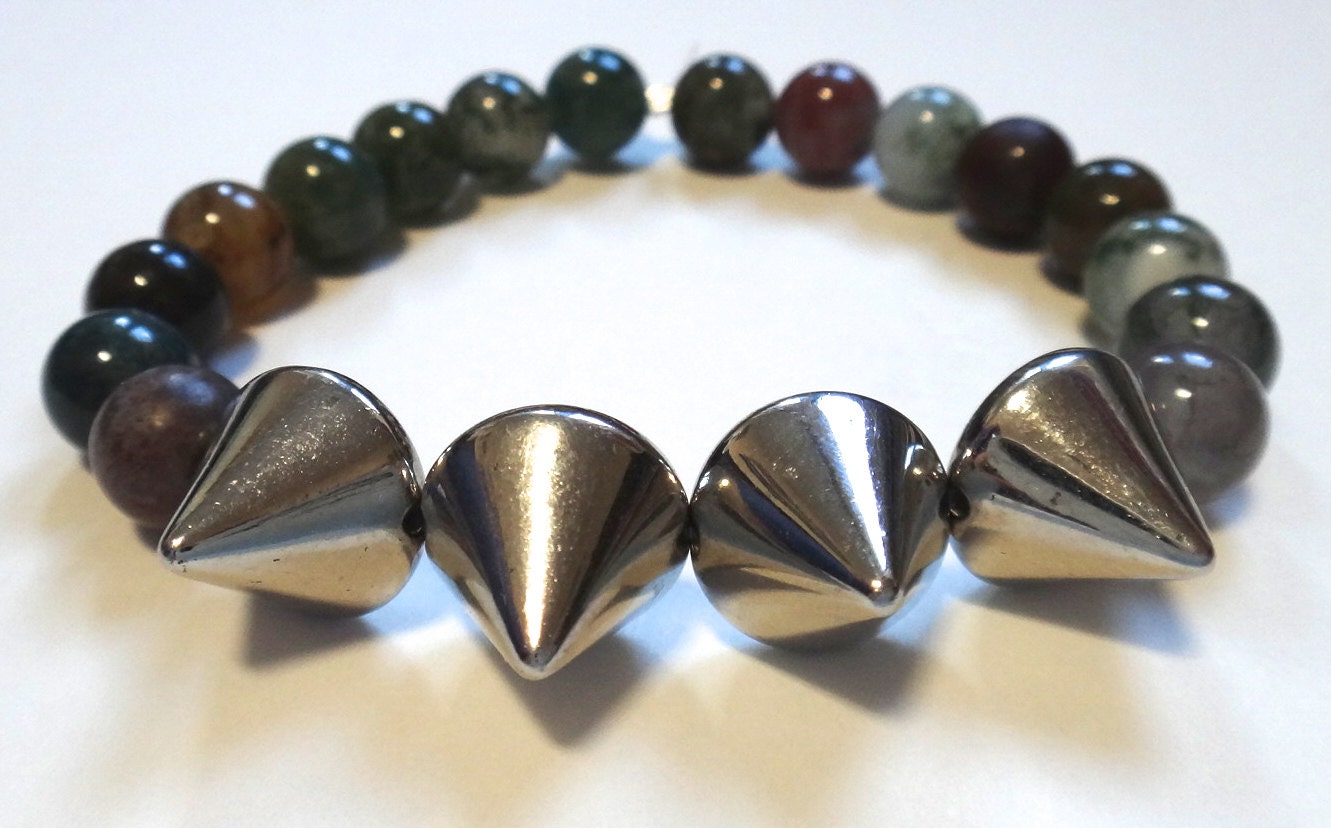 Fancy Jasper Beaded Bracelet with Silver Spikes