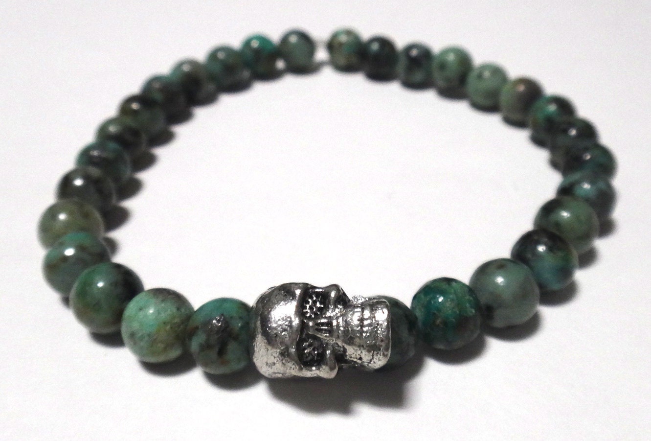African Turquoise Beaded Bracelet with Silver Skull