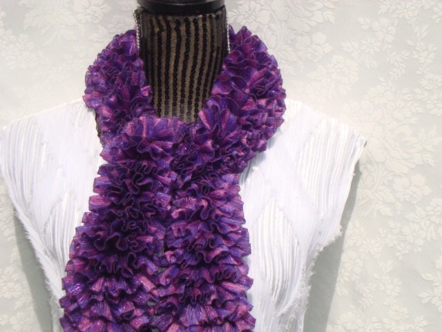 Knit Purple Scarf. Ribbon.Ruffled.Spring.Sparkle.New Item. Ready to ship.