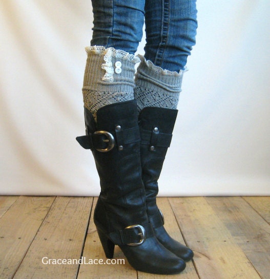 SALE SALE The Lacey Lou Light Grey Open-work Leg Warmers w/ ivory knit lace trim & buttons - Legwarmers boot socks (item no. 3-13)