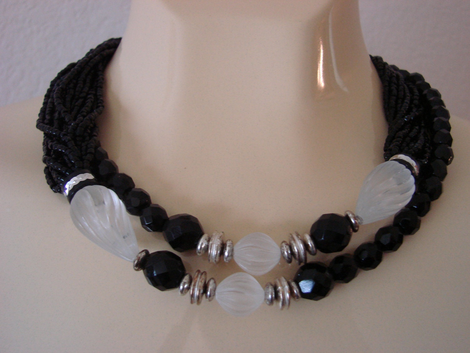 Reserved for Karen Dauplaise Multi-Strand French Jet Black Glass & Frosted Bead Necklace