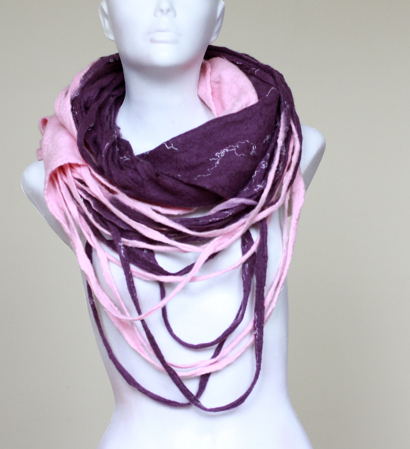 Women infinity scarf - Cobweb felted wool Circle scarf - necklace / pink purple blush violet - ready to ship