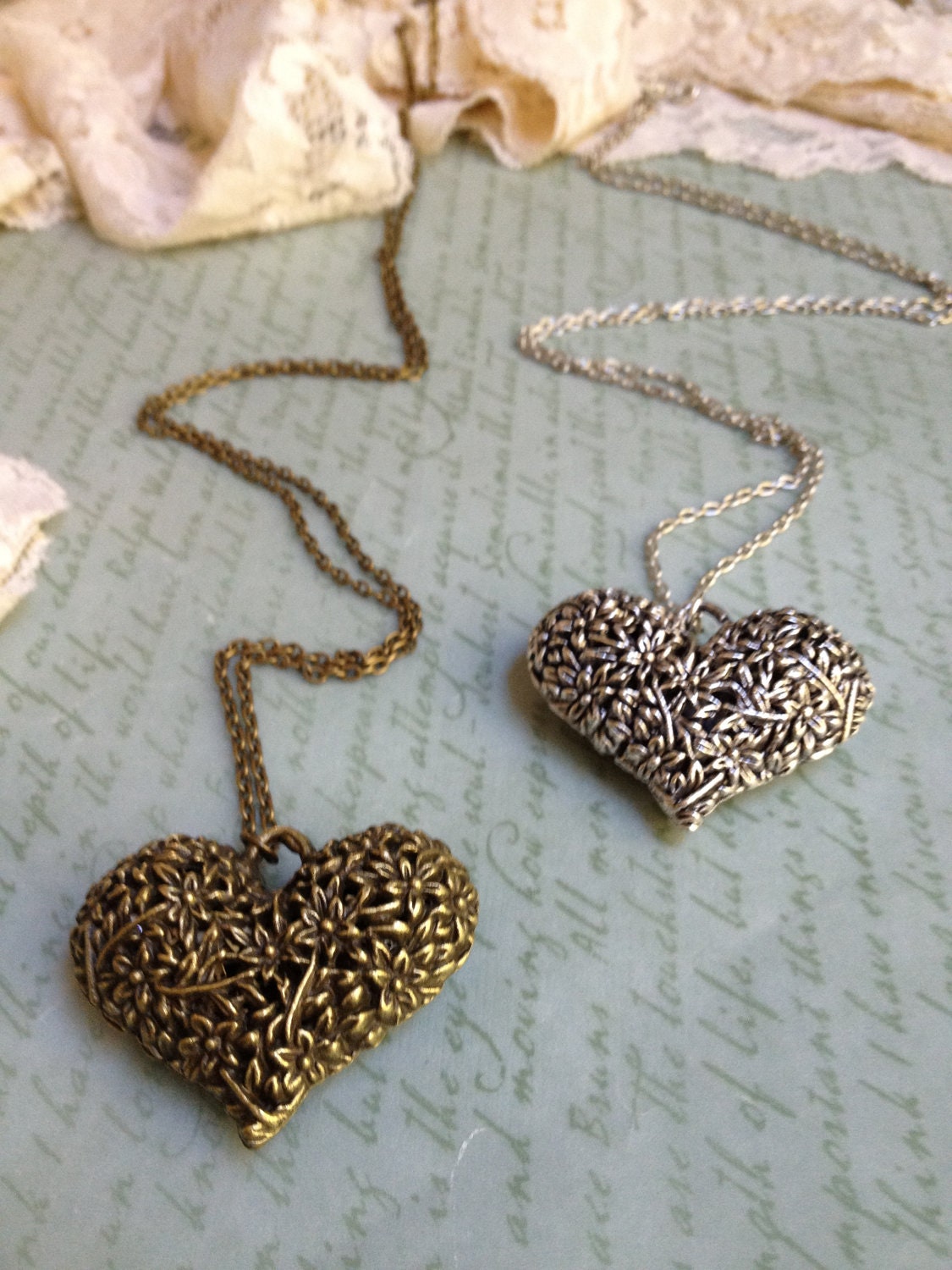 Floral Filigree Heart Pendant Necklace - Antique Brass/Silver - Choose Your Length