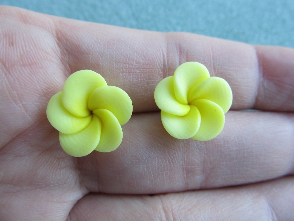 Stainless Posts 15mm Beautiful Hawaiian Bright Sunshine Yellow Plumeria Frangipani Polymer Clay Post Earrings