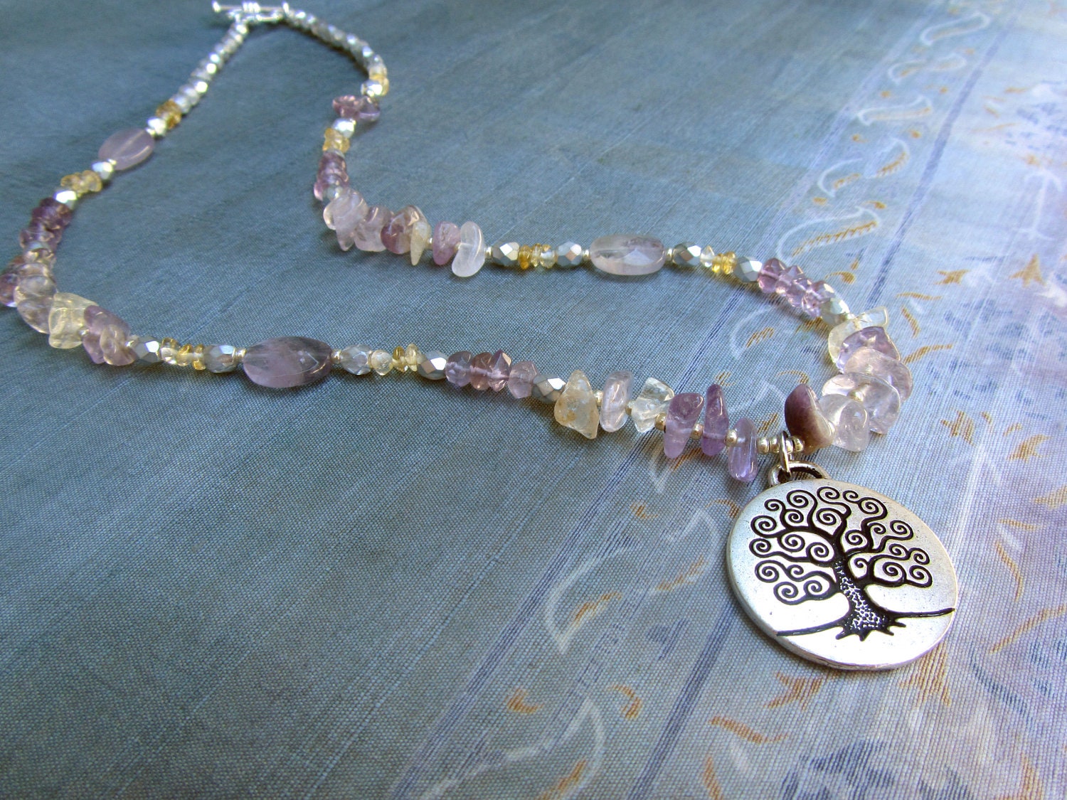 Silver Tree of Life pendant on amethyst and citrine beaded boho yoga necklace