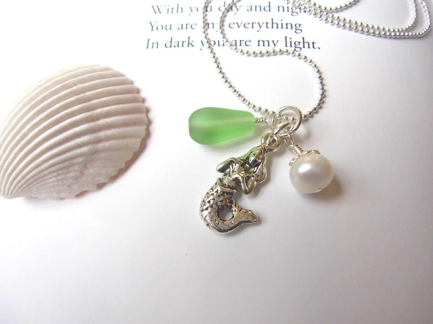 Sea glass Mermaid Necklace in Light Green - Beach Theme Wedding - Mermaid Bridesmaids seaglass pendants