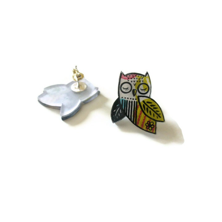 shrink plastic upcycled paper Owls post earrings