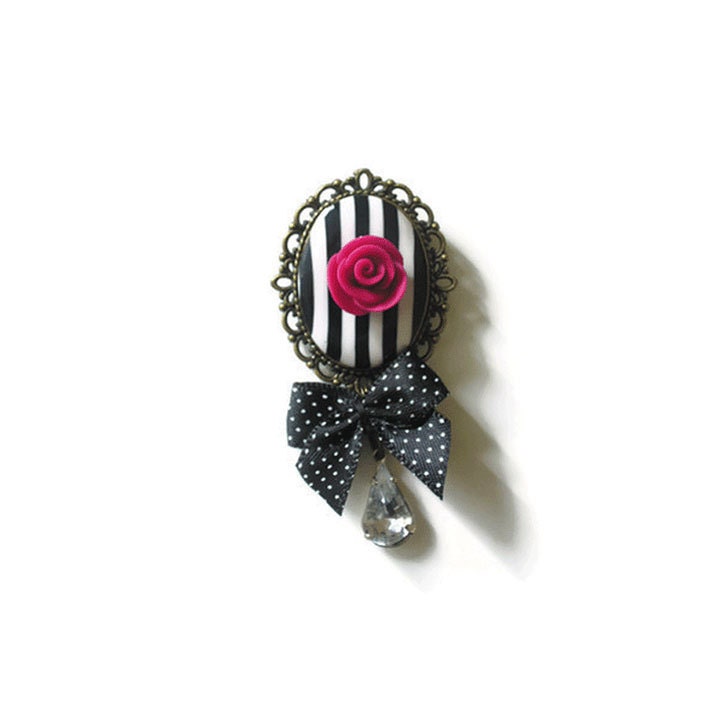 Polymer clay Cameo stripes and rose with a pois ribbon  brooch