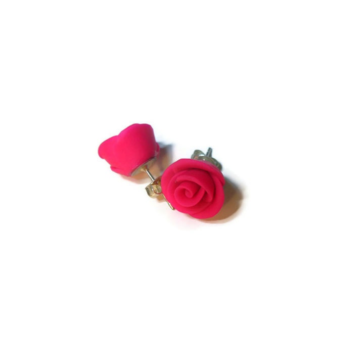Neon Pink  roses polymer clay handcrafted earrings