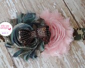 Green Brown Camo and Pink Shabby Rose Flower with Camo Headband and Brown Sequin Bow for Newborns, Toddlers, Girls, Teens