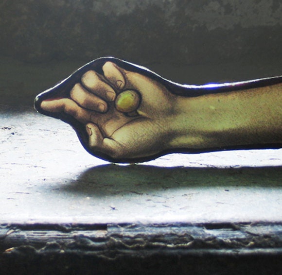 Antique Gothic Revival Crucified / Nailed Hand of Christ, Stained Glass, Church Window Fragment, Exquisite Sacred Curio, Art, Painting.