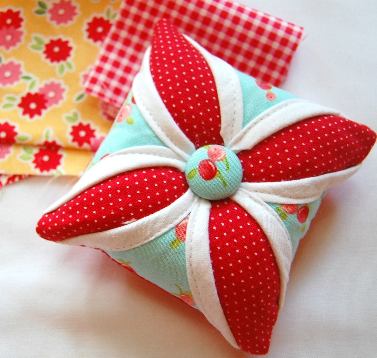 Happy Little Pincushion - Cathedral Window Pincushion - Pin Cushion - Moda Ruby - Red and Aqua - 4 inch