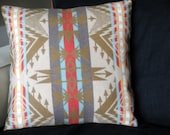 Navajo Pillow, Pendleton wool fabric, contemporary primitive pattern, olive, cream, aqua, rose, grey-purple, 18 x 18