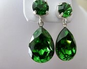 Green Earrings,Swarovski Crystal, Angelina Jolie Inspired,Fern Green Earrings,Estate Style Dangle - Sterling Silver Post Earrings
