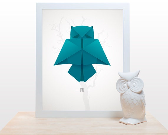 Origami Owl Print - 11x14 modern decor wall poster art paper folding japanese owl bird minimalist blue teal gray