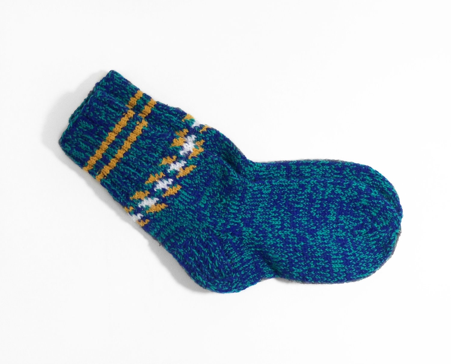Hand Knitted Wool Socks - Blue and Green, Small
