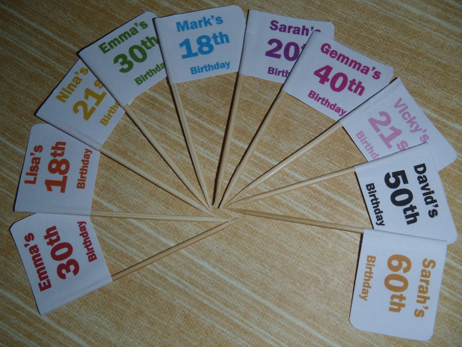 25 x Personalised BOLD BIRTHDAY Cupcake Flags / Picks Choose Any Age/Colour