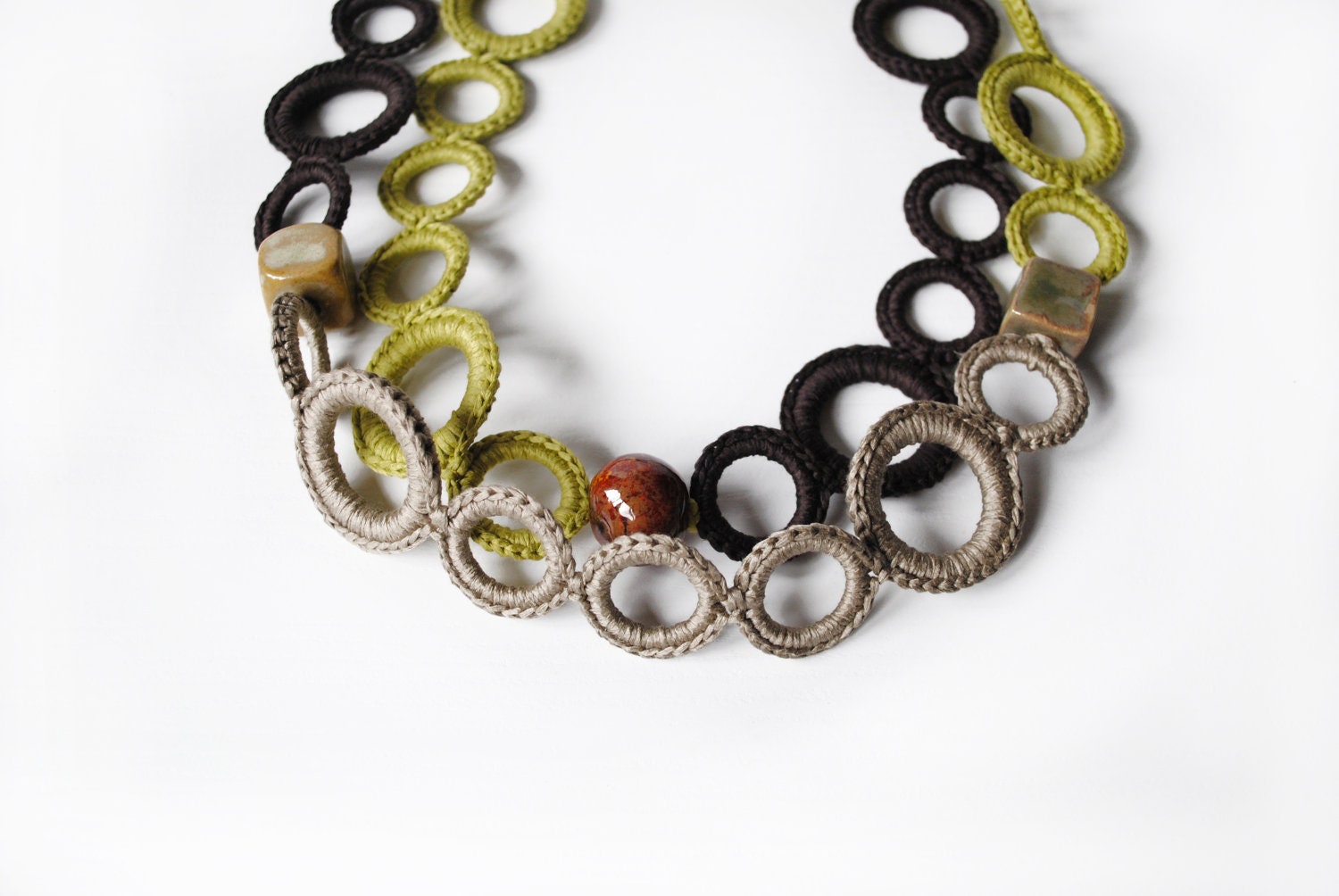 Fiber necklace brown green beige whit ceramic beads / Necklace tatement jewelry / Boho necklace / handmade cotton necklace
