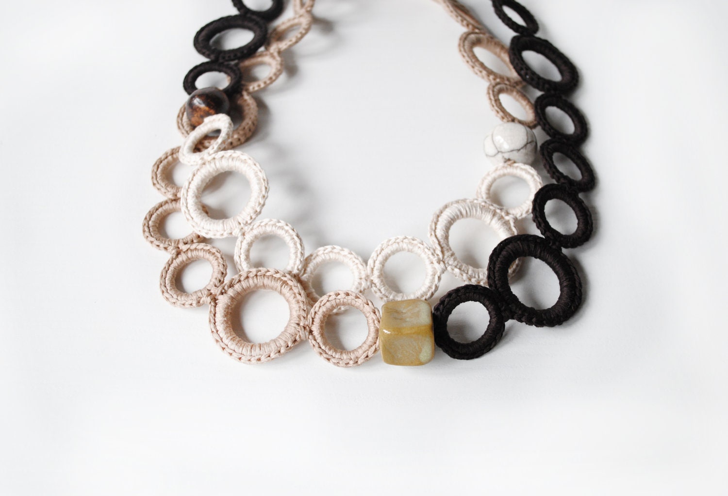 ON SALE Statement crochet necklace brown beige white / Fiber cotton necklace whit ceramic beads / Fiber jewelry / Statement textile jewelry