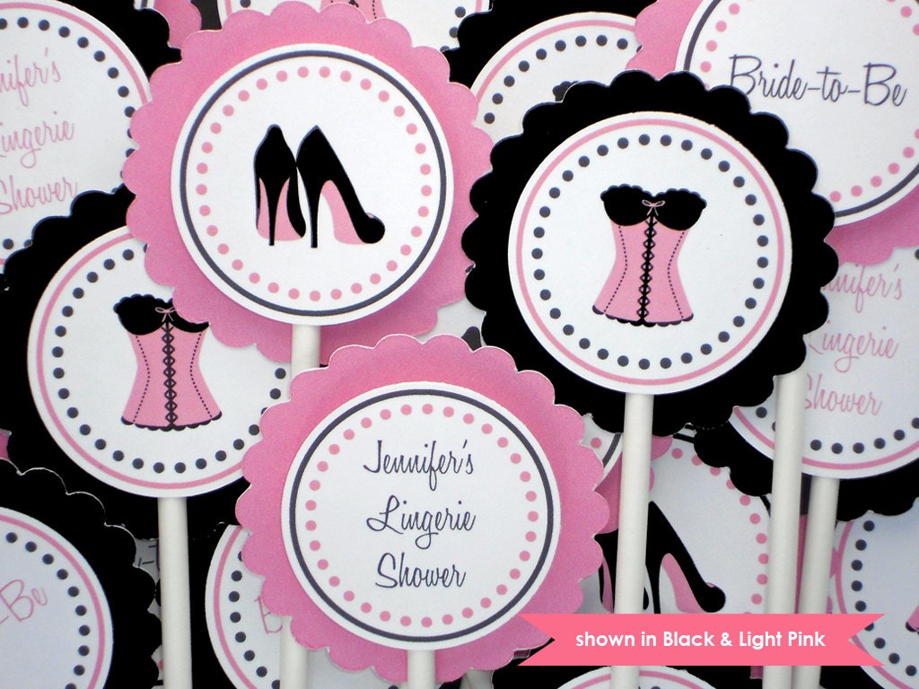 Bachelorette Cupcake Toppers - Personalized Corset & Heels Themed Party Decorations - Black and Light Pink - Colors Customizable Il_570xn