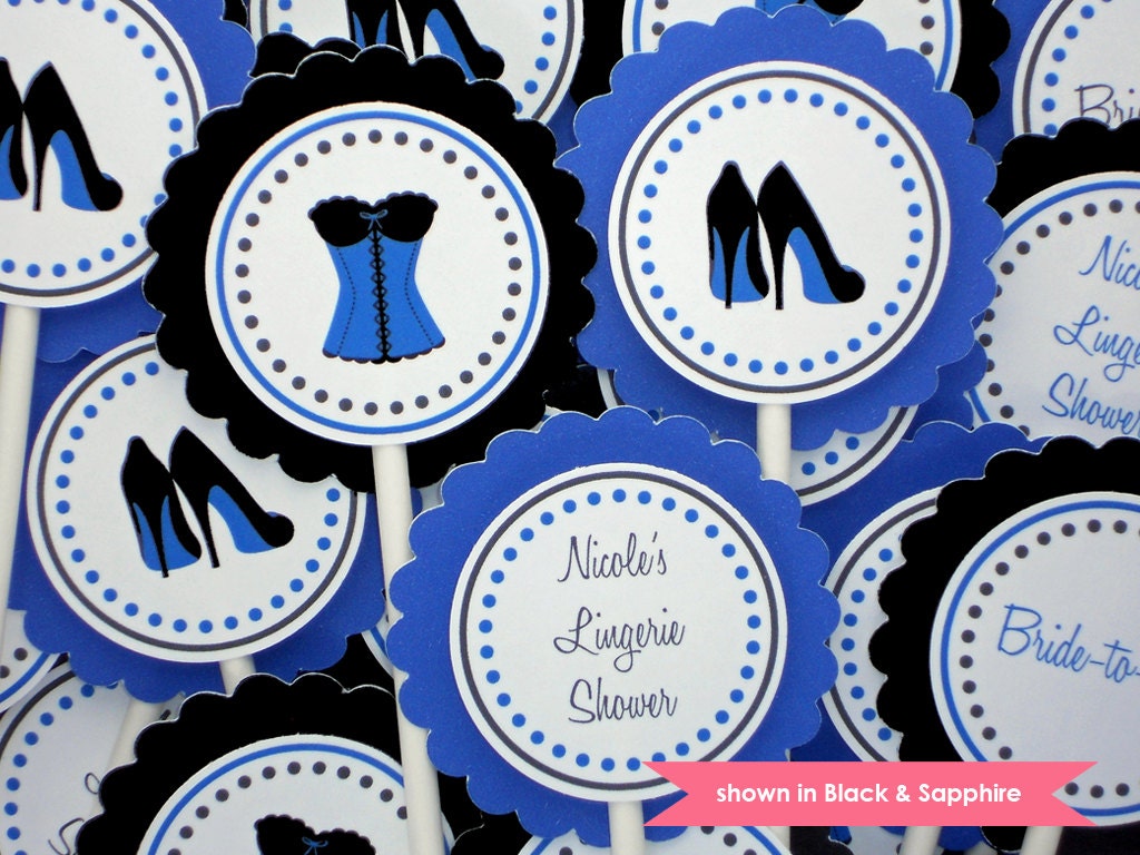 Bachelorette Cupcake Toppers - Personalized Corset & Heels Themed Party Decorations - Black and Sapphire - Colors Customizable Il_570xn