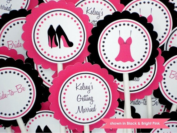 Bachelorette Cupcake Toppers - Personalized Lingerie & Heels Themed Party Decorations - Black and Bright Pink - Colors Customizable Il_570xn