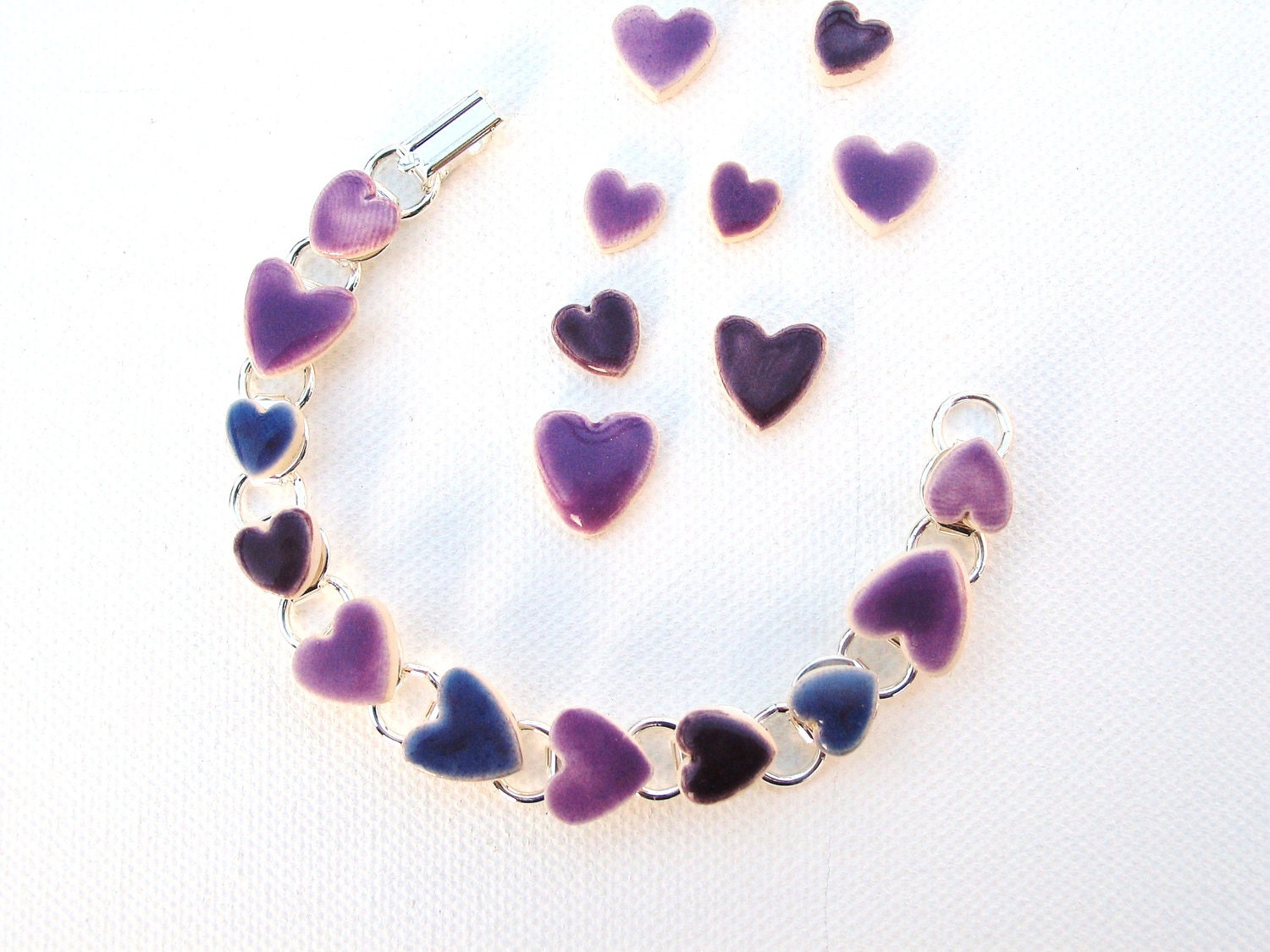 Purple bracelet ceramic hearts mauve violet Rhapsody - damsontreepottery