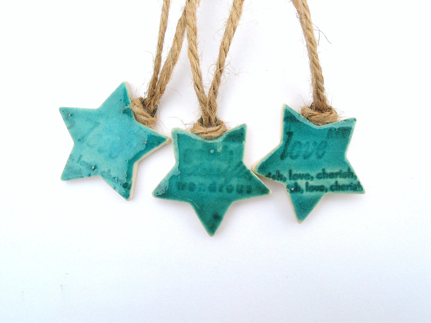 3 Turquoise decorations stars love words ornaments gift tags