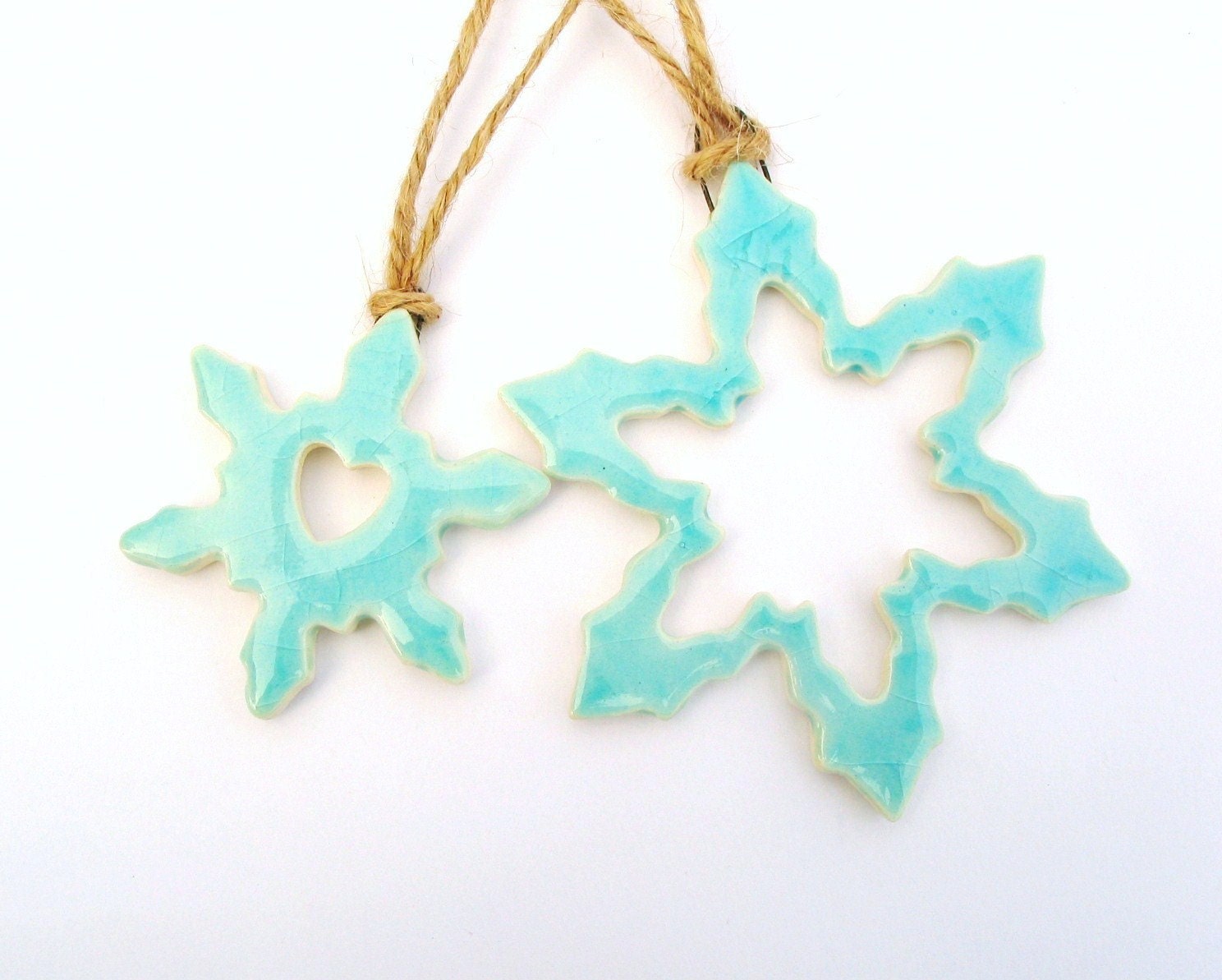 Snowflakes Winter Ornaments Ceramic decorations hemp twine