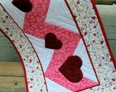 Heart Table Runner with wool heart appliques, quilted table runner, home and living,  pink white red, hearts